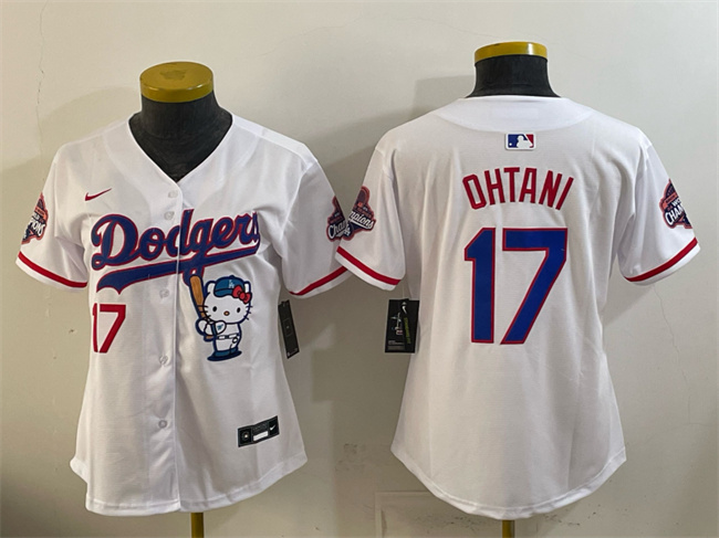Youth Los Angeles Dodgers Team Big Logo White Hello Kitty Night 2025 World Series Champions Patch Stitched Baseball Jersey